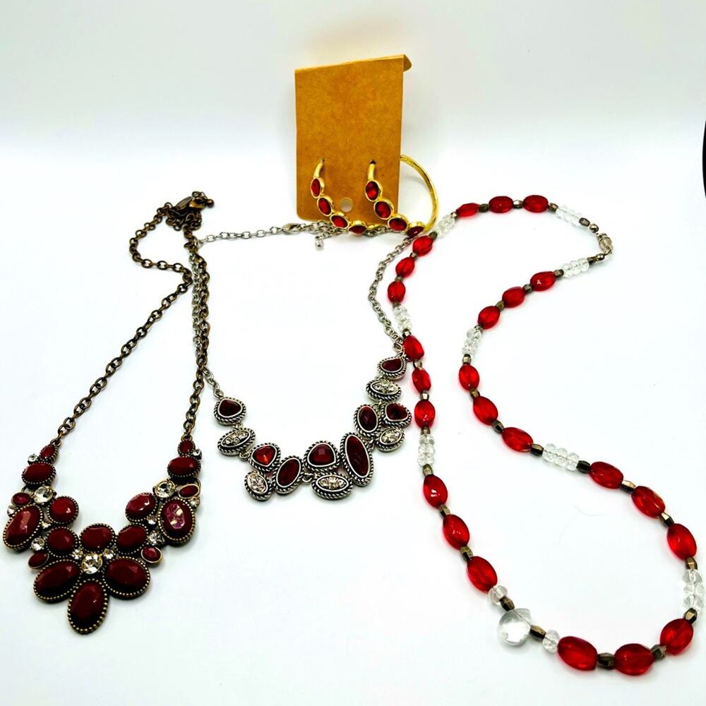 3 holiday red beaded necklaces with hoop earrings